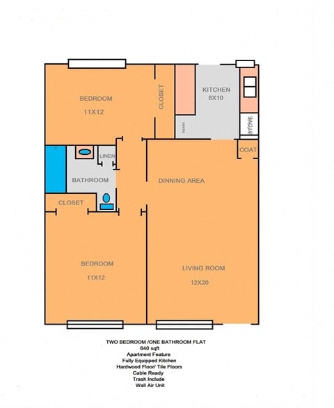 Floor plan for 2 beds, 1 bath, 640 sqft